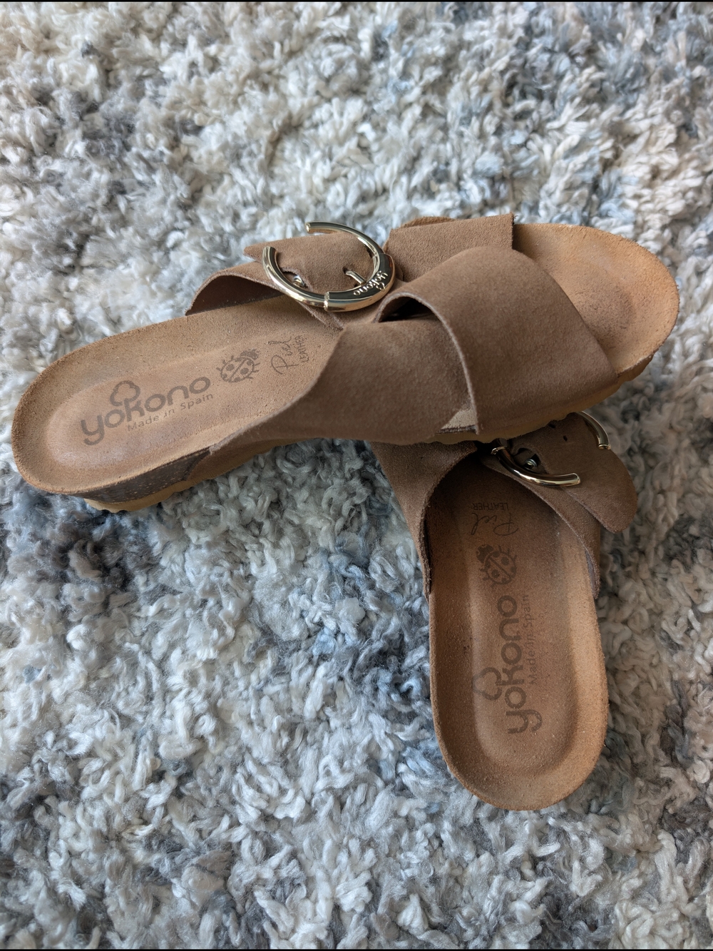 Brown Suede Slide Sandals with Gold Buckle - Picture 6 of 17